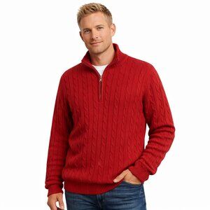 Izod Men's Sweater Large 100% Cotton 1/4 Zip Mock Red Cable Knit Sweater